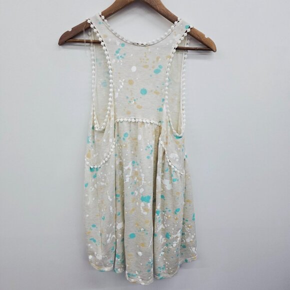 NWT Womens Babydoll Tank Top S Beige Paint Splatter Print Sleeveless Pom Trim - Picture 5 of 13